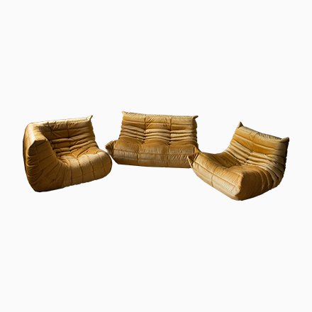 Image of Goldenrod Velvet Togo Lounge Chairs and 2-Seater Sofa Set by Michel Ducaroy for Ligne Roset, 1970s
