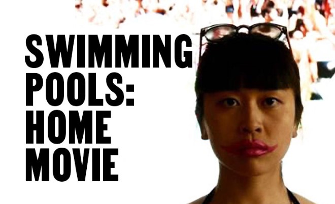 A close up of a woman''s face, with lipstick around as well as on her lips. Text: Swimming Pools: Home Movie