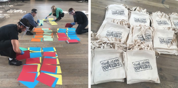 LEFT: 4 volunteers organise bright sheets of paper. RIGHT: piles of cream tote bags with the text, Create & Learn Playkits.