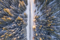 an overhead view of a snowy forest, with a highway cutting through the middle in a straight line