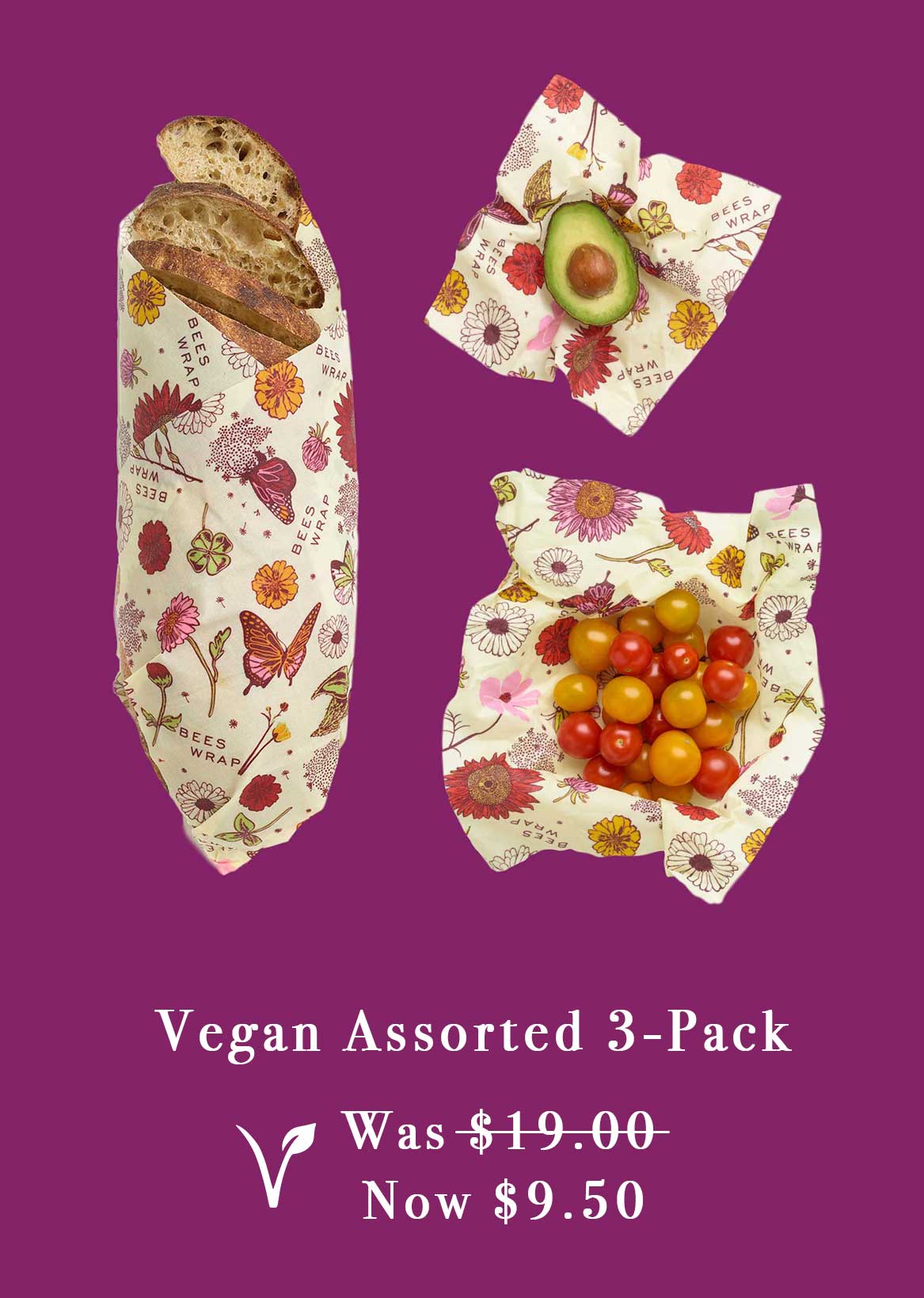 Bee''s wrap vegan assorted 3 pack with bread, berries, and avocado on top of the wraps on a solid white background
