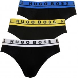 3-Pack Contrast Waistband Briefs, Black with blue/grey/yellow