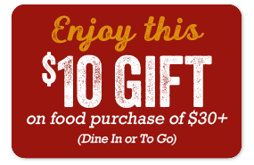 Enjoy $10 off your $30 food purchase