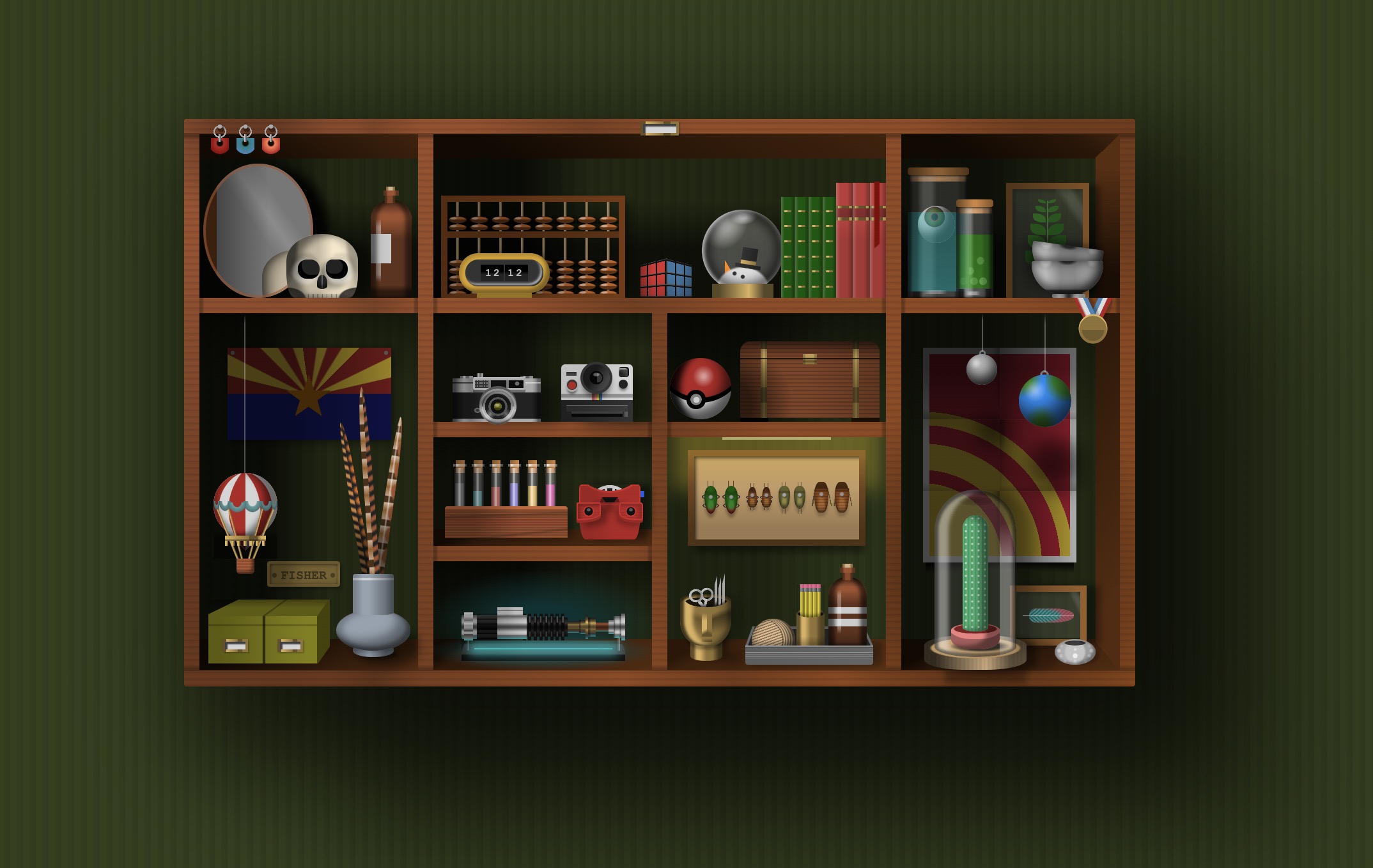 A cabinet full of whimsical collectables including a pokeball, a skull and a cactus