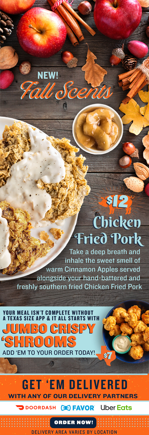 Take a deep breath and inhale the sweet smell of warm Cinnamon Apples served alongside your hand-battered and freshly southern fried Chicken Fried Pork