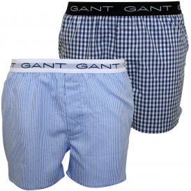 2-Pack Stripe & Gingham Woven Cotton Boxer Shorts, Blue/White