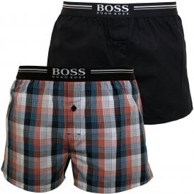 2-Pack Check & Solid Boxer Shorts, Navy/orange/blue