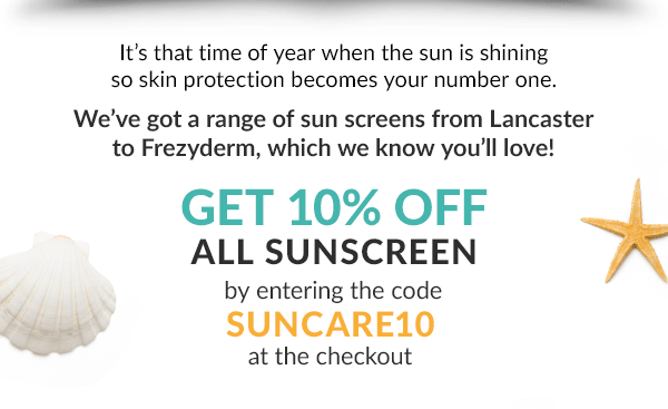 It's that time of year when the sun is shining so skin protection becomes your number one.  We've got a range of sun screens from Lancaster and Frezyderm which we know you'll love! Get 10% off all sunscreen by entering the code SUNCARE10 at the checkout