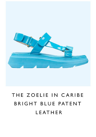 THE ZOELIE SANDAL IN CARIBE BRIGHT BLUE PATENT LEATHER