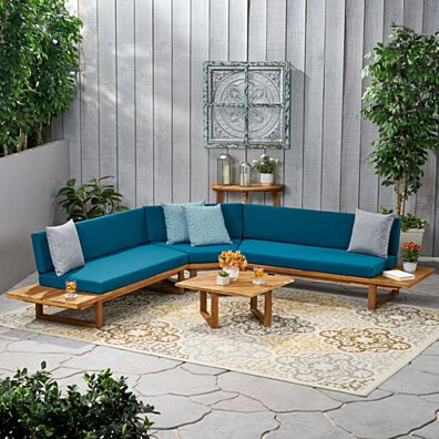 Aida Outdoor Acacia Wood 5 Seater Sectional Sofa Set with Water-Resistant Cushions