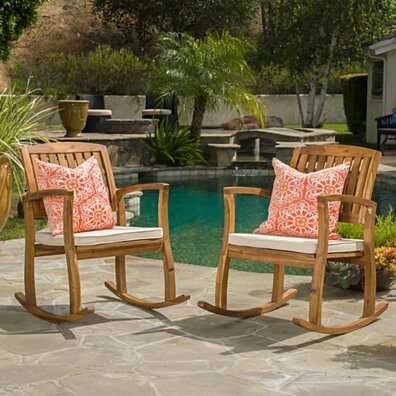 Sadie Outdoor Acacia Wood Rocking Chairs with Cushion (Set of 2)