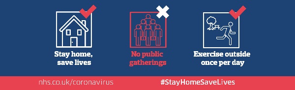 Stay home, save lives | No public gatherings | Excercise outside once per day