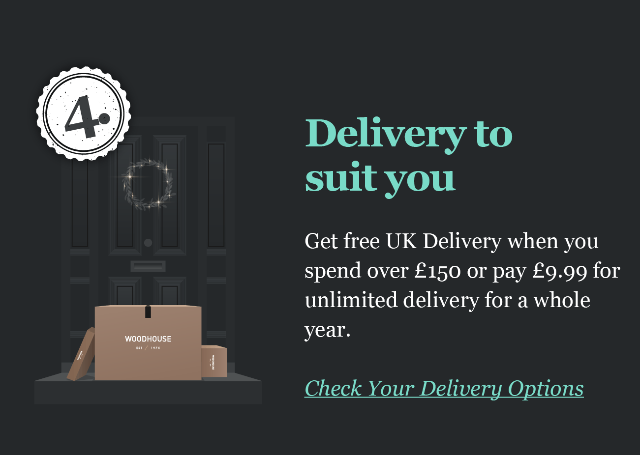 4.
Delivery to
suit you

Get free UK Delivery when you
spend over ?150 or pay ?9.99 for
unlimited delivery for a whole
year.

Check Your Delivery Options

