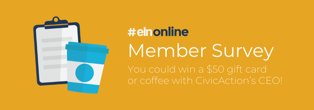 Yellow background with illustration of a clipboard and a coffee cup, text in white that reads "#ELNonline: Member Survey"