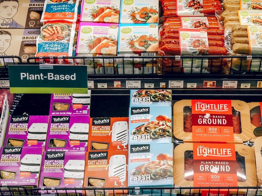 Grocery display of plant-based products