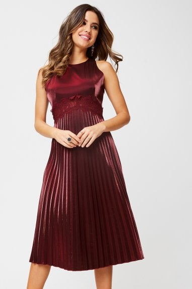 Beatrix Metallic Red Lace-Trim Midi Dress