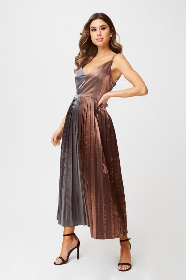 Talita Gunmetal And Copper Metallic Pleated Midi Dress