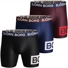 3-Pack BORG Logo Block Performance Boxer Briefs, Black/Blue/Burgundy