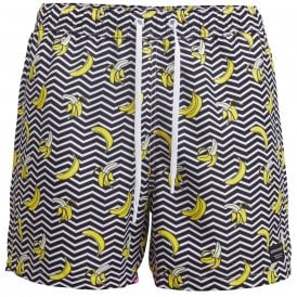 Banana Stripe Print Swim Shorts, Black