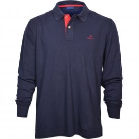 Long-Sleeve Contrast Collar Pique Rugger Polo Shirt, Navy