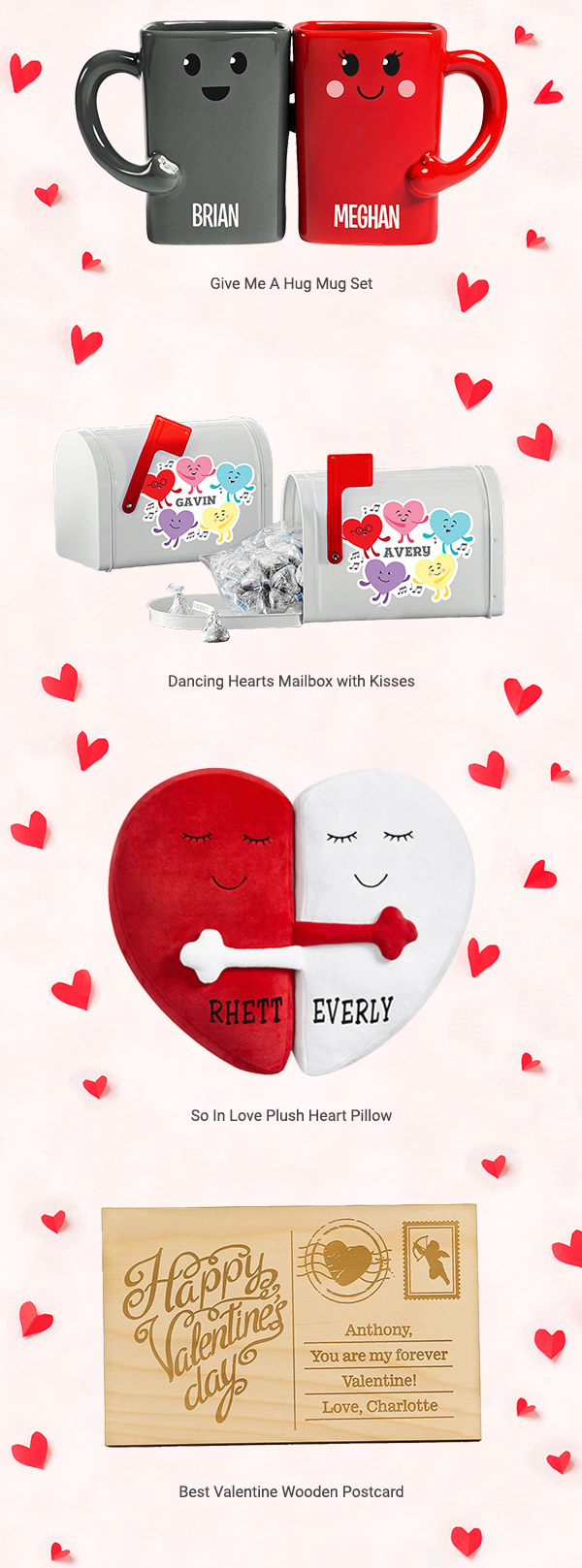 Give Me A Hug Mug Set, Dancing Hearts Mailbox with Kisses, So In Love Plush Heart Pillow, Best Valentine Wooden Postcard