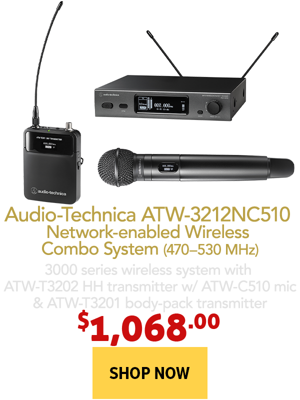 Audio-Technicas 3000N series network-enabled wireless receiver with bodypack transmitter and 510 handheld mic with no capsule
