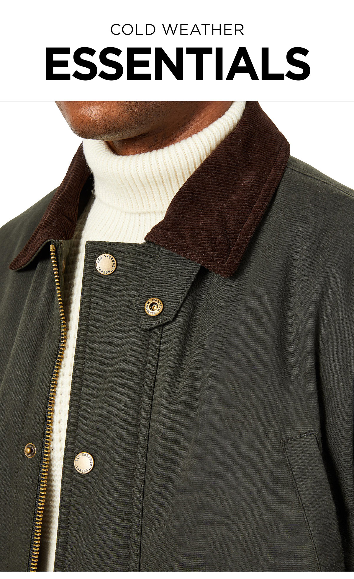 Cold-weather essentials | Shop Now | photo of a man in a dark-green jacket with a brown cord collar