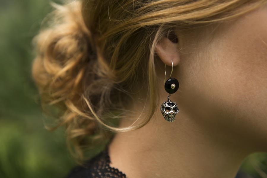 Image of Black Onyx Earring drop with Mexican Sugar Skull Bead on Silver Earring Hook