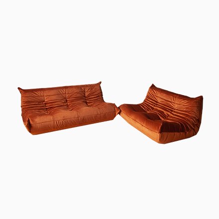 Image of Orange Amber Velvet Tissue Togo 2-Seat & 3-Seat Sofa Set by Michel Ducaroy for Ligne Roset, 1970s, Set of 2