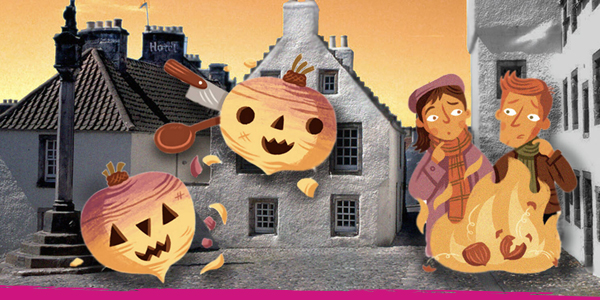 Illustrations of Scottish Halloween traditions, neep lanterns and nut burning