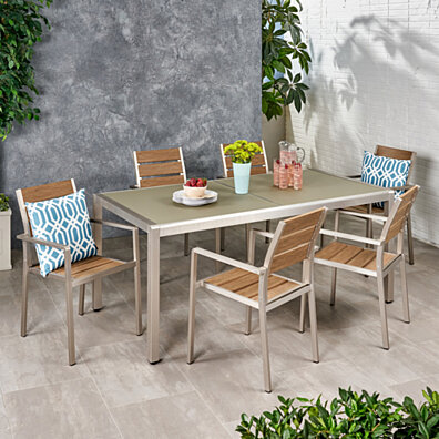 Miranda Outdoor Modern 6 Seater Aluminum Dining Set with Tempered Glass Table Top