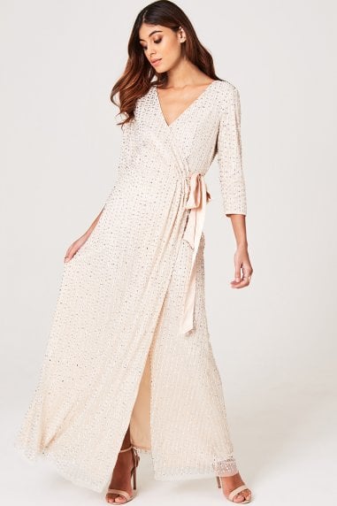 Cecily Nude Embellished Wrap Dress