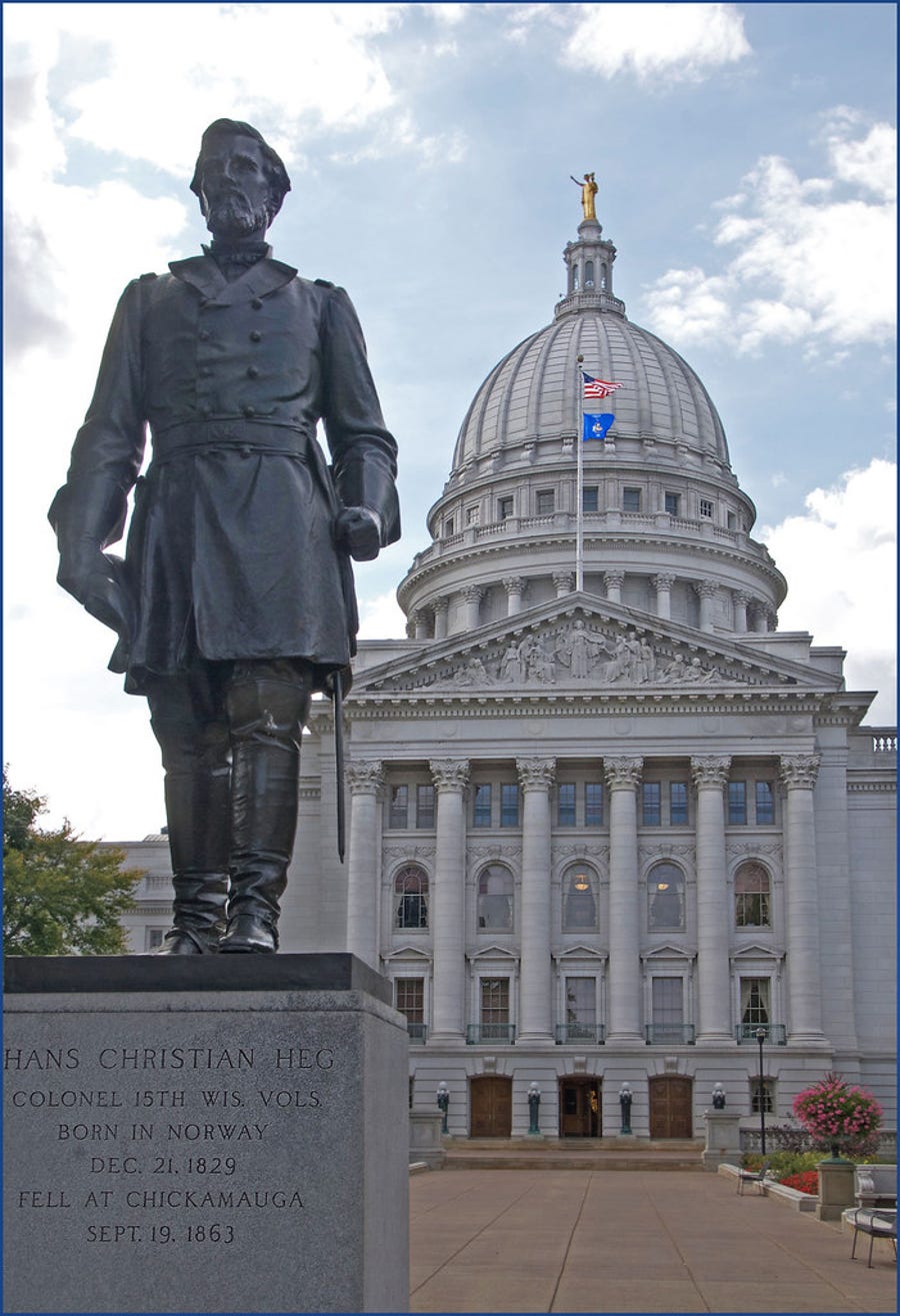 This statue of abolitionist Hans Christian Heg stood in front of the Wisconsin Capitol in Madison since 1925. Protesters toppled it June 23.