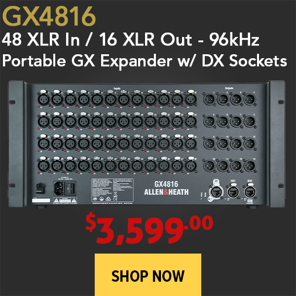 Allen and Heath GX4816 Portable GX Expander 96kHz audio expander provides high-input-count for SQ, Avantis, and dLive. Order today!