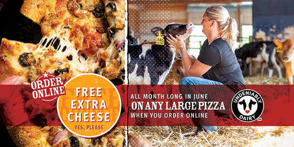Get FREE extra cheese on large pizzas ordered through Pizza Ranch Online Ordering!
