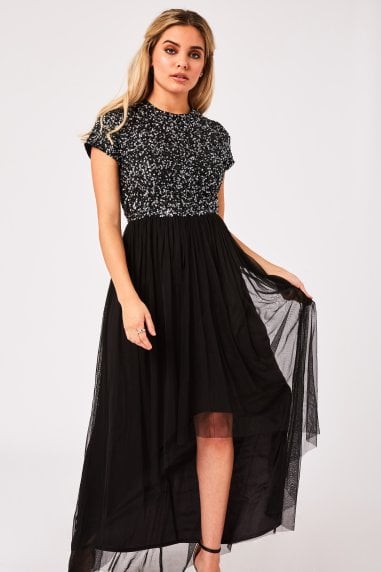 Elise Black Hand-Embellished Sequin Hi-Low Prom Dress