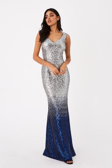 Caprice Silver And Blue Sequin Ombre Maxi Dress