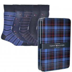 5-Pack Stripes & Logo Socks Collectible Gift Tin, Navy/Blue