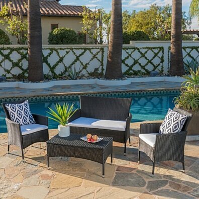 Mina Outdoor 4 Piece Wicker Chat Set with Water Resistant Cushions