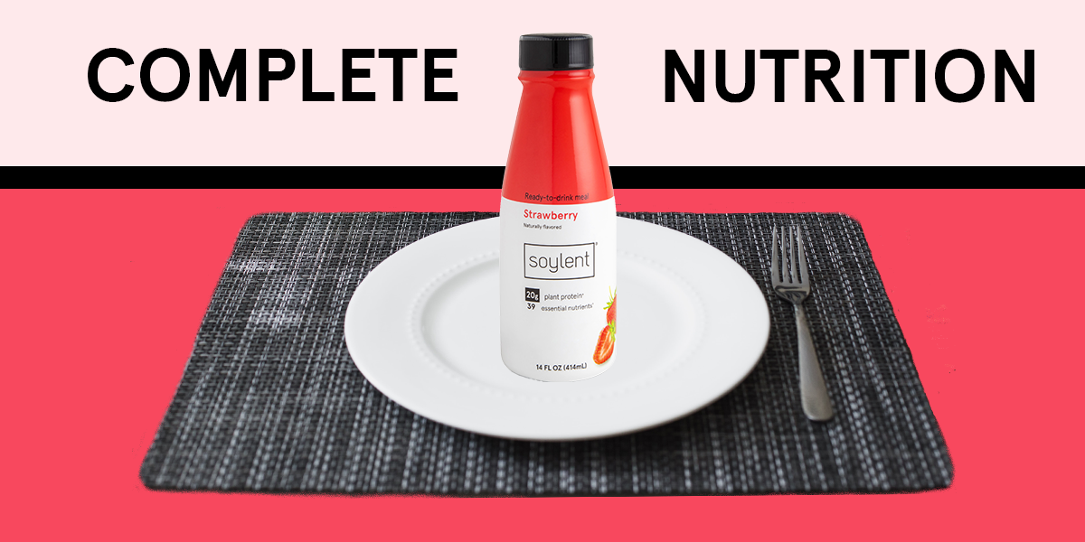 Soylent Drink Strawberry placed on top of a plate, titled Complete Nutrition.