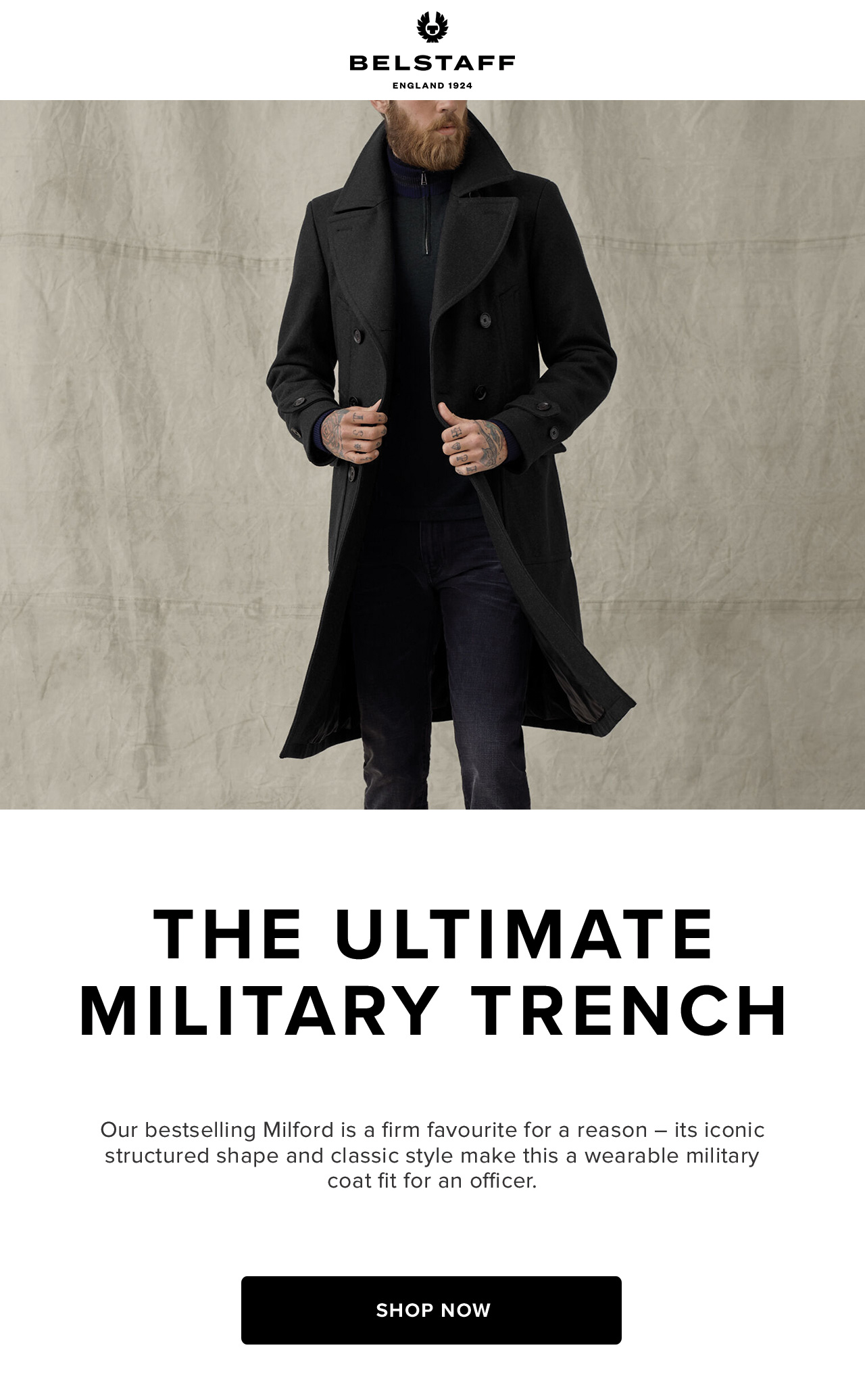 Our bestselling Milford is a firm favourite for a reason - its iconic structured shape and classic style make this wearable military coat an outer fit for an officer.