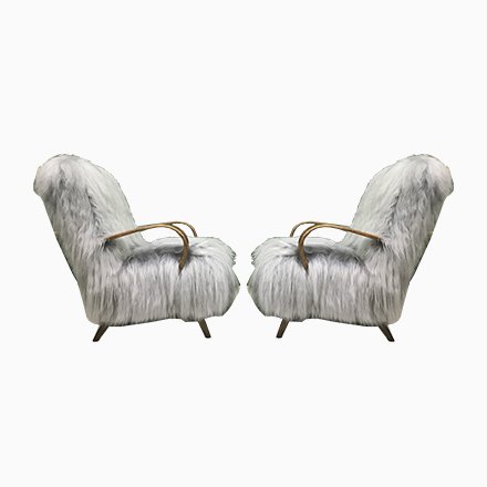 Image of Vintage Bentwood and Gray Sheepskin Armchairs, Set of 2