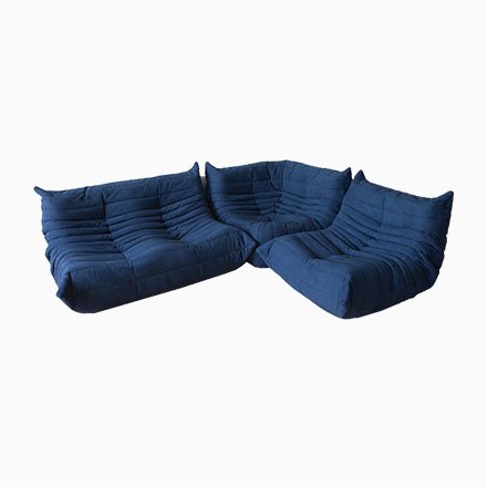Image of Navy Blue Microfiber Togo Corner Armchair, Armchair, and 2-Seater Sofa Set by Michel Ducaroy for Ligne Roset, 1970s