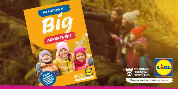 The Lidl Book of Big Adventures cover sits in front of a family enjoying a walk through The Hermitage