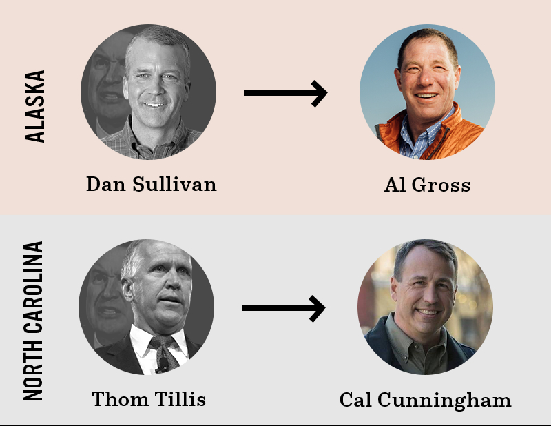 Al Gross is running against Dan Sullivan in Alaska. Cal Cunningham is running against Thom Tillis in North Carolina.