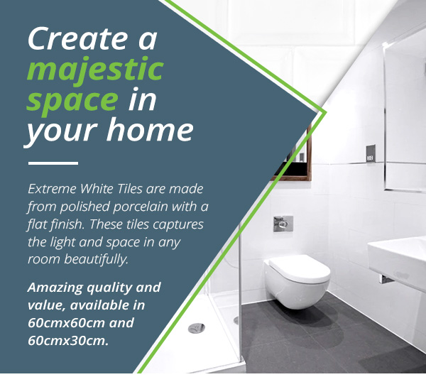 Extreme White Tiles are made from polished porcelain with a flat finish. These tiles captures the light and space in any room beautifully.  Amazing quality and value, available in 60cmx60xm and 60cmx30cm.