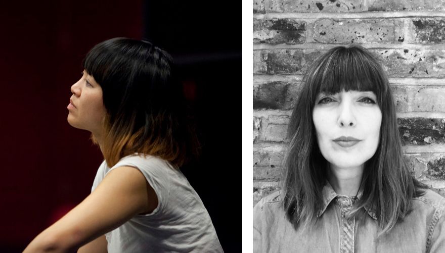 portraits of Annie and Kat. Annie in profile: an asian woman against a dark brown background. Kat, full face in black and white: a white woman standing against a brick wall.