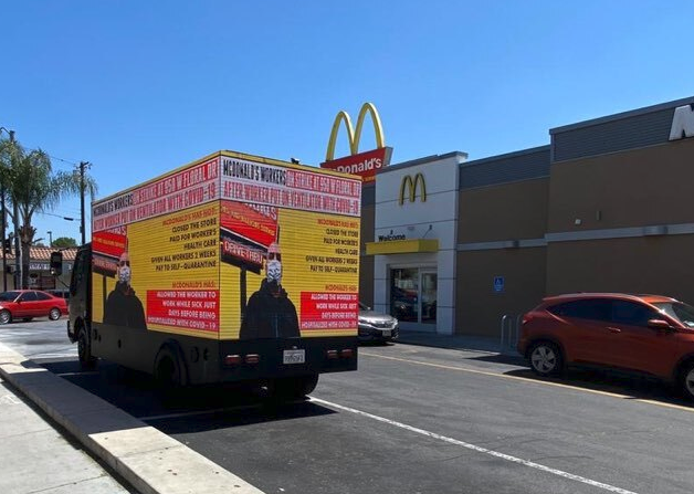 A truck with messages in support of striking workers.