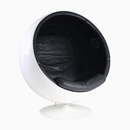 Image of Ball Chair in Leather Upholstery and Speakers by Eero Aarnio, 1970s