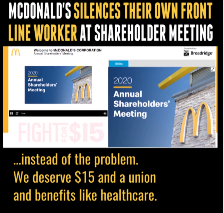 McDonald''s silences their own front line worker at shareholder meeting.